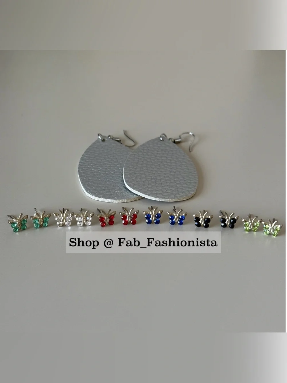 Silver Teardrop Leatherette Earrings with Assorted Butterfly Studs